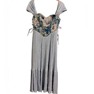 Vintage Inspired Tapestry Corset Dress Floral Patterned Blue Tiered Skirt Small
